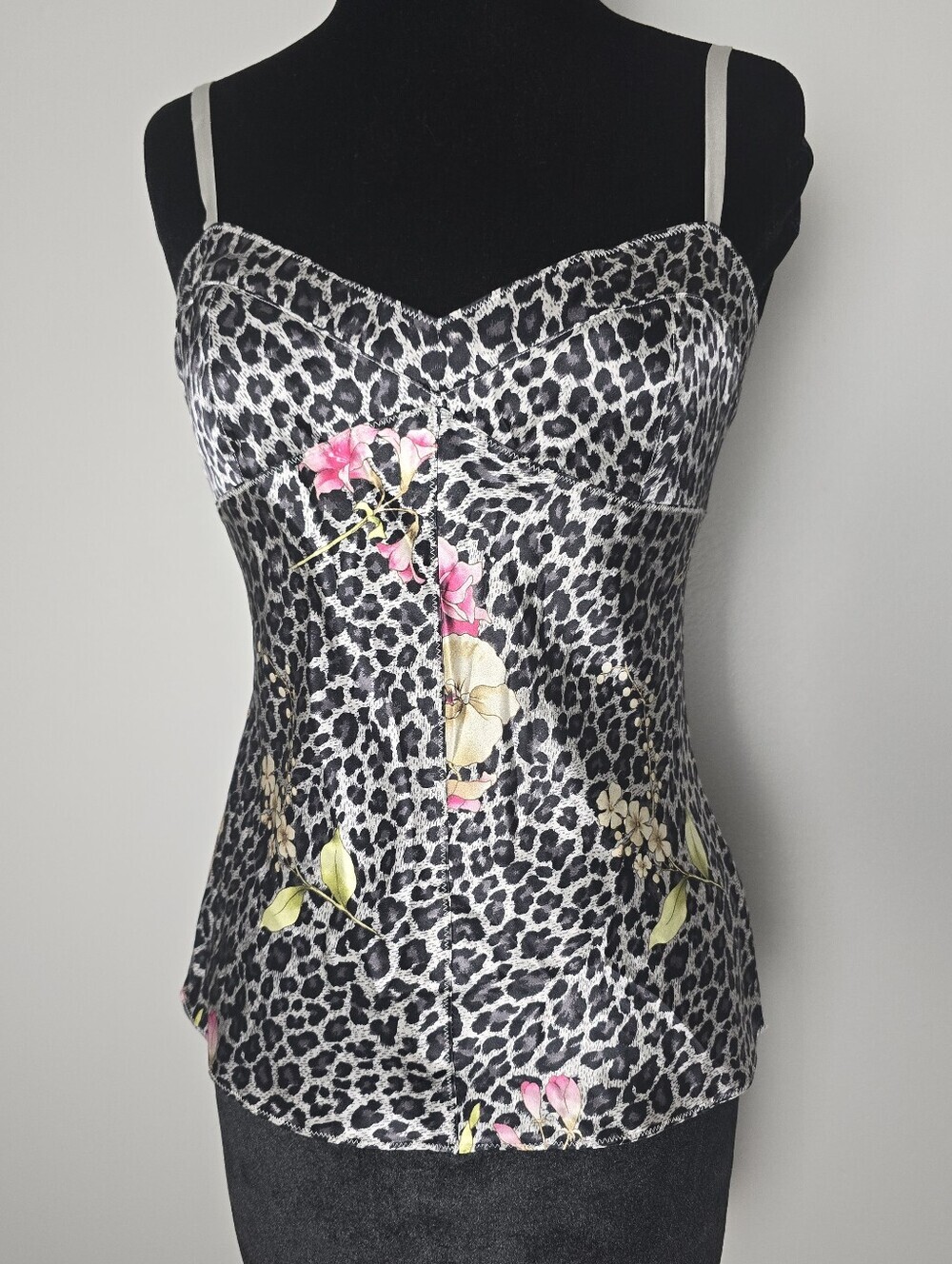 Express Design Studio Satin Silk Y2k Babydoll Cami Leopard Print 92% Silk